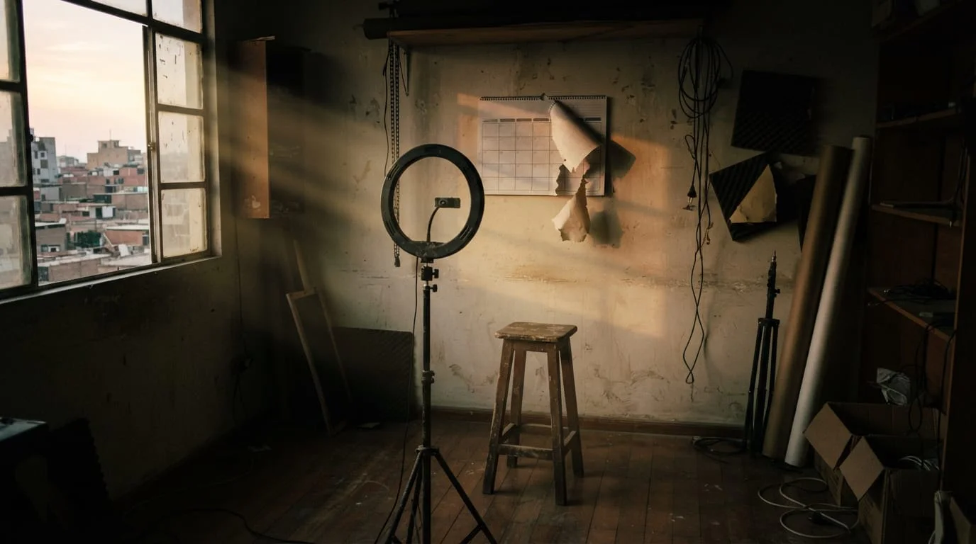 estudio de fotografía abandonado con ring light apagado y calendario rasgado