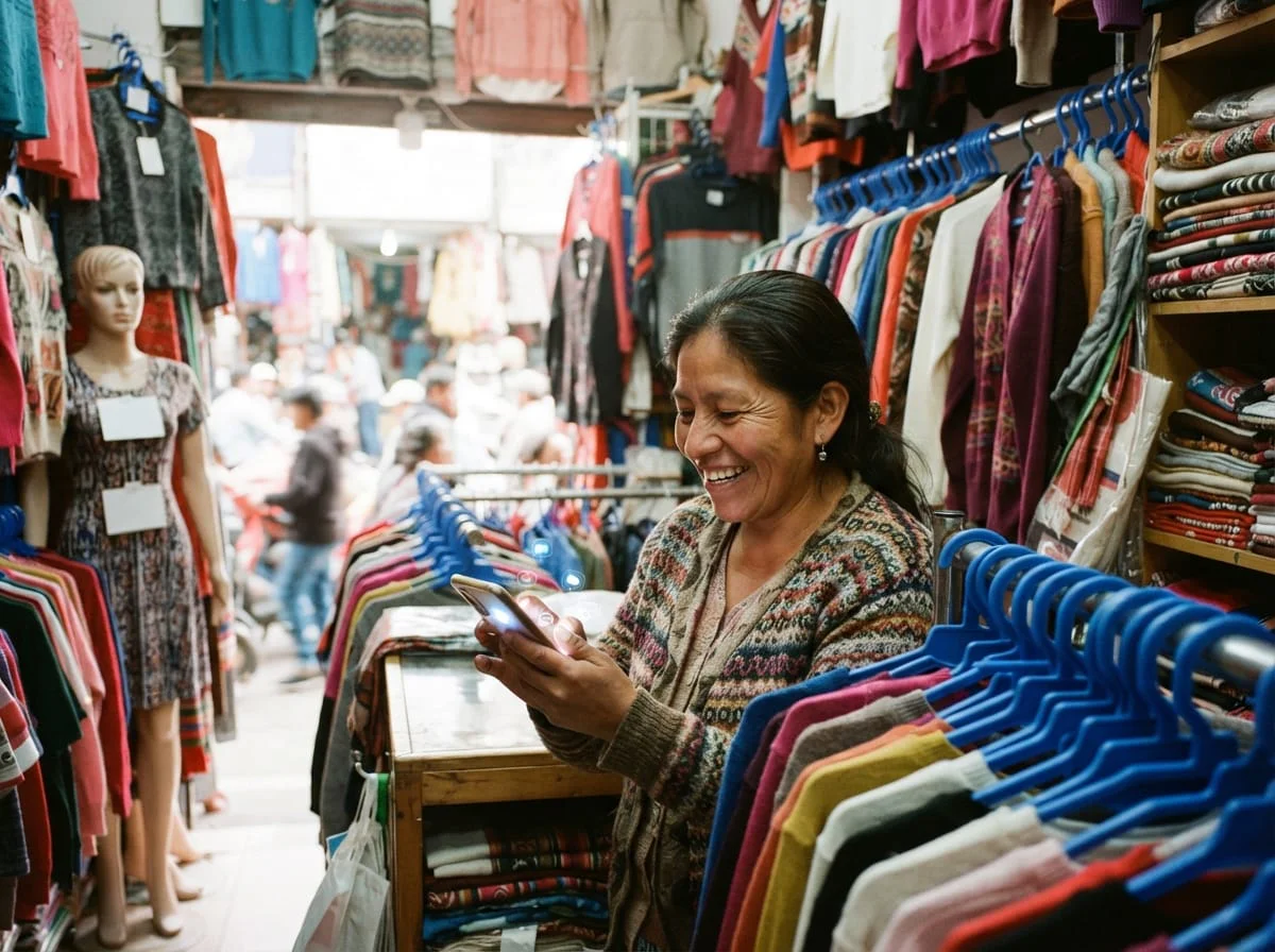 dueña de tienda de ropa sonriendo con su celular