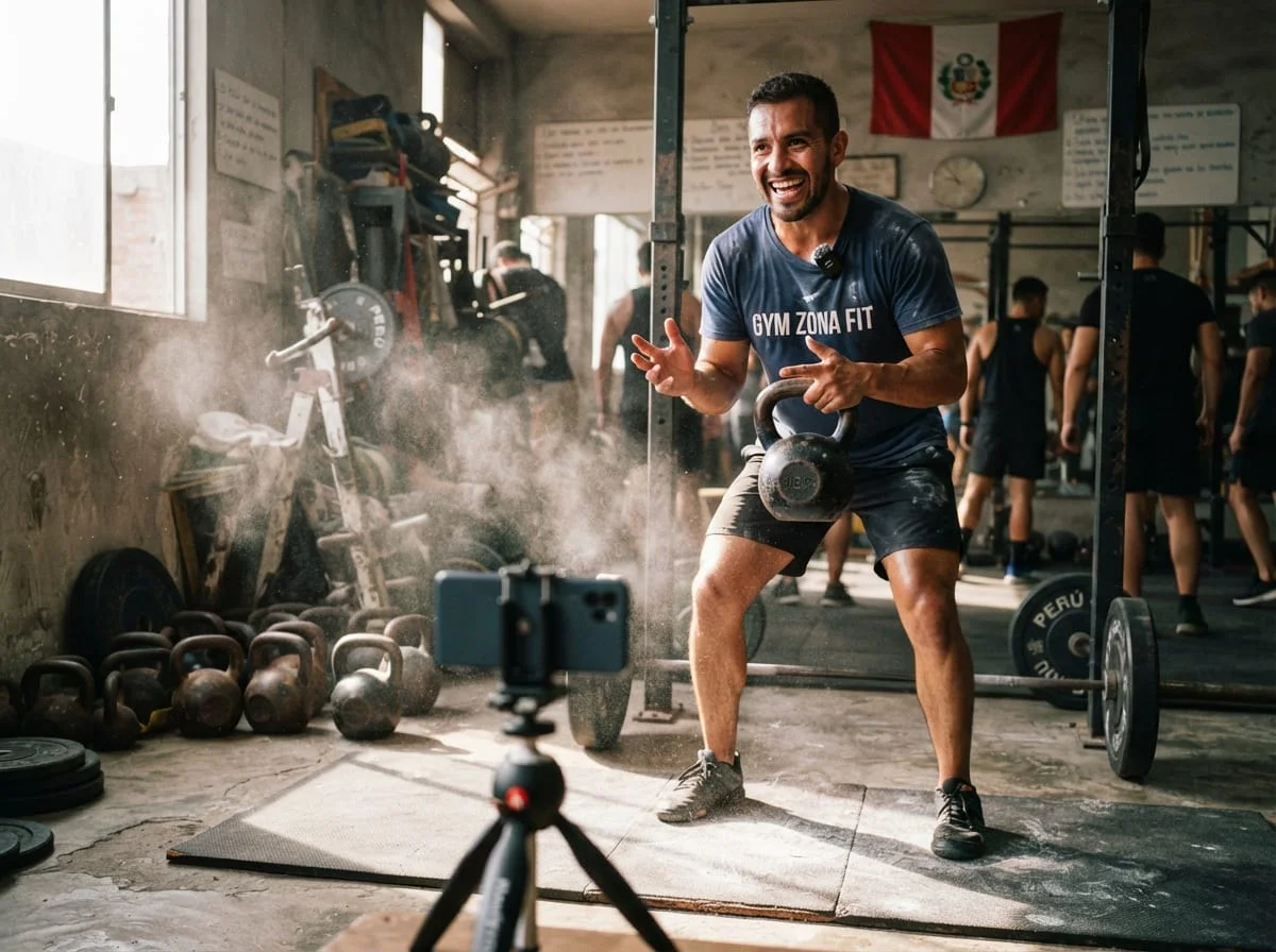 entrenador filmándose con trípode en gimnasio