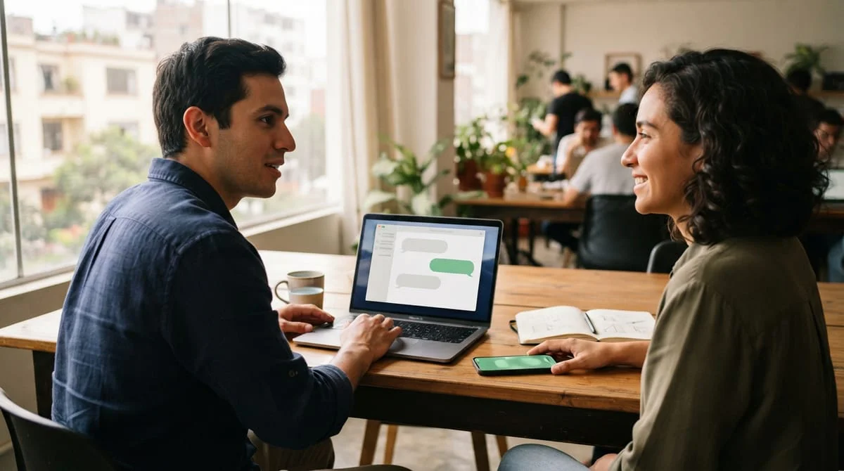 consultor y cliente conversando junto a una laptop con un chat en pantalla