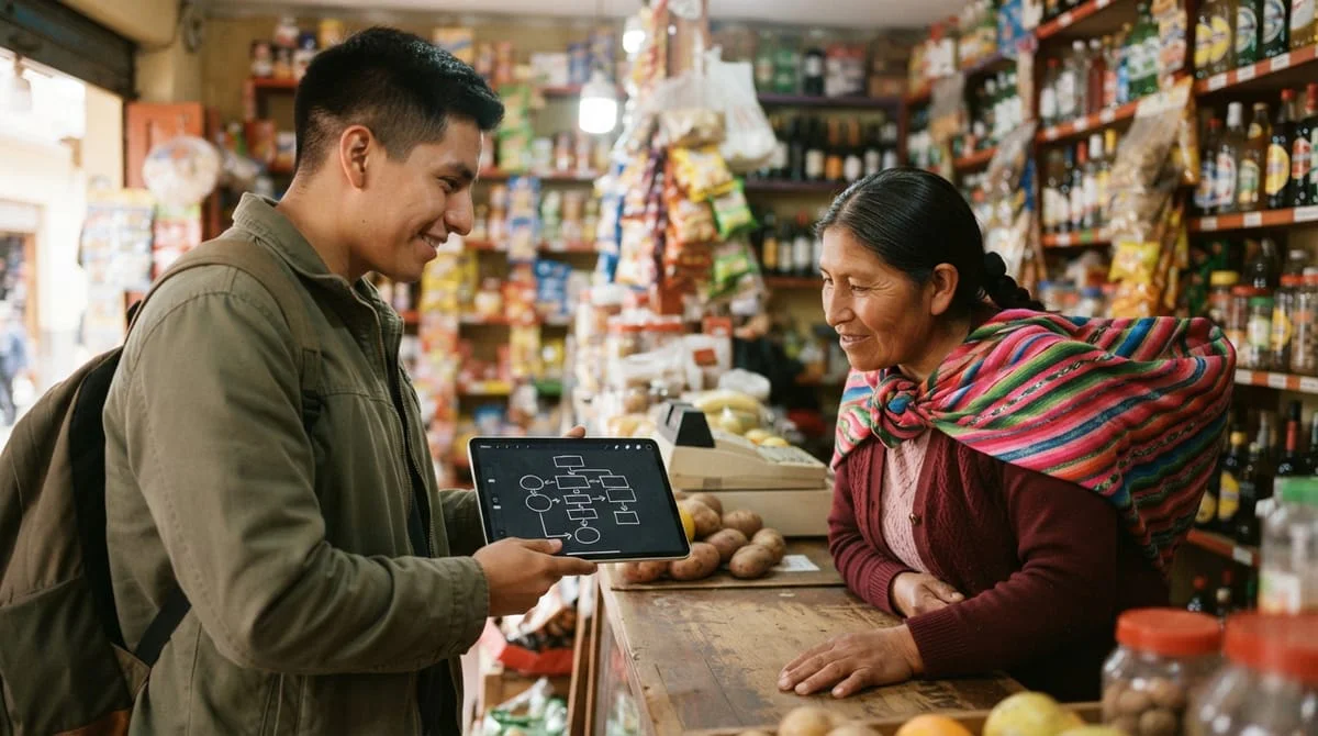 ingeniero mostrando diagnóstico a dueña de negocio
