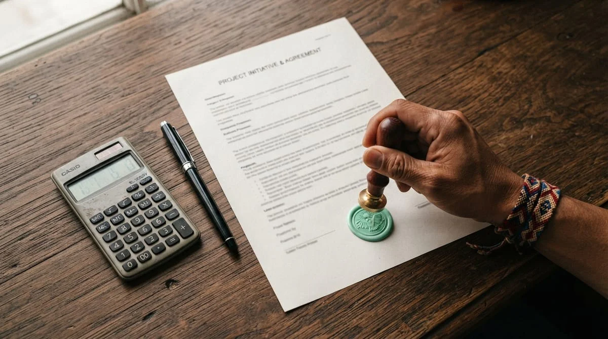 contrato con sello verde de cera y calculadora sobre escritorio de madera
