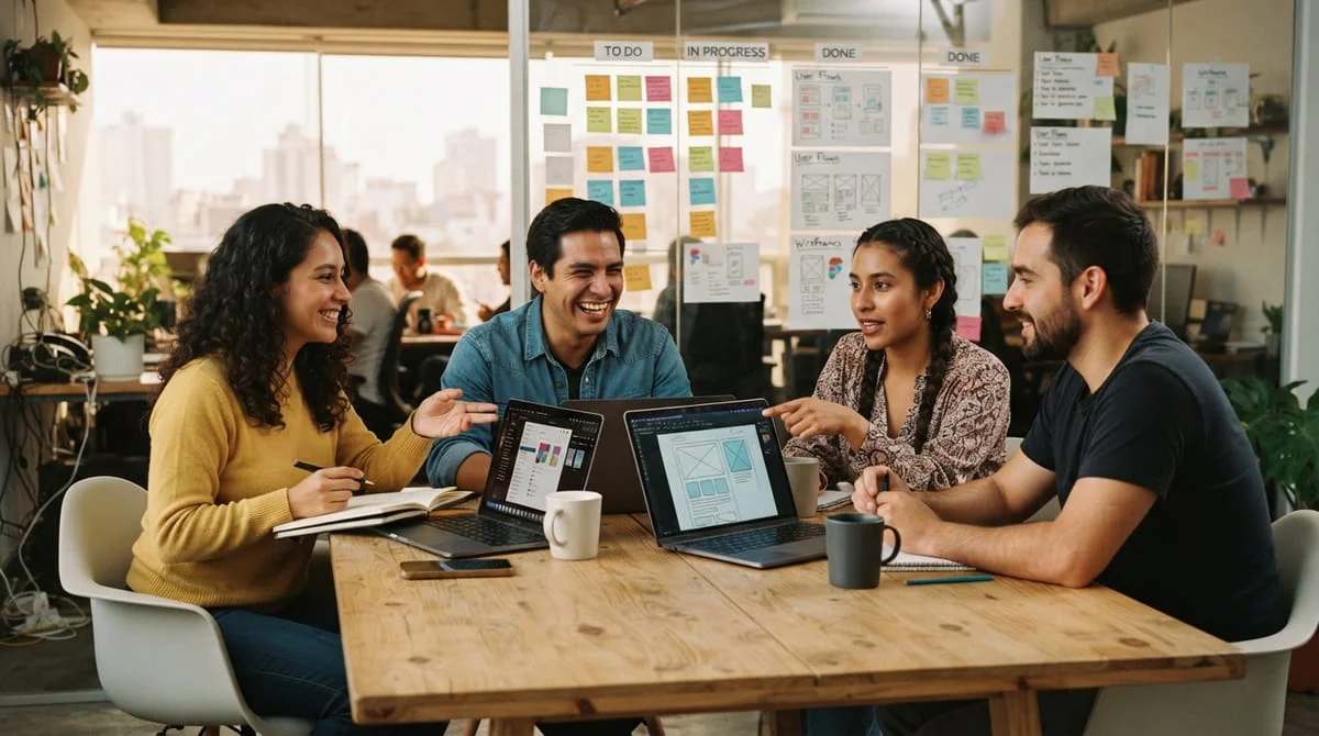equipo con laptops y post-its de colores