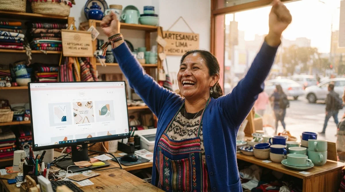dueña celebrando frente a su web nueva