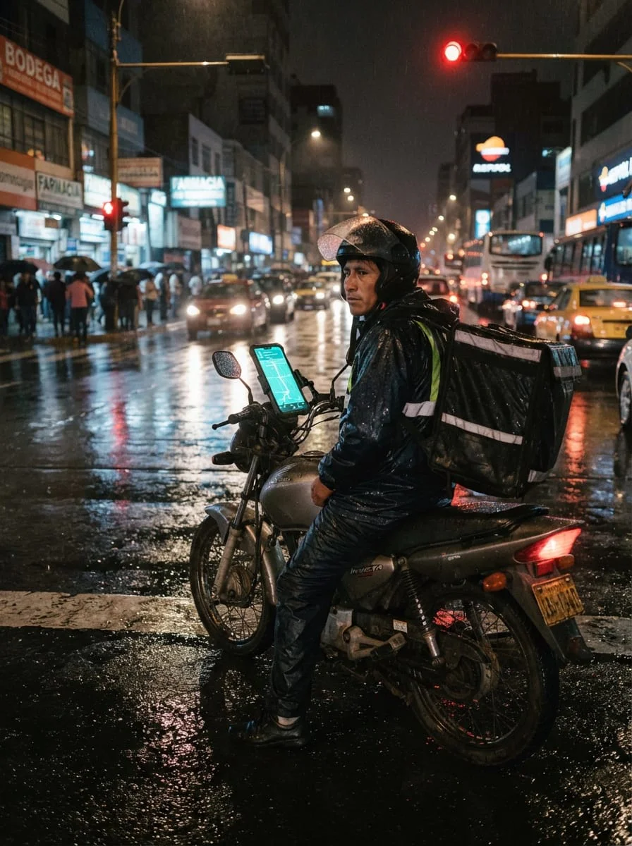 repartidor en moto de noche con celular en el manubrio